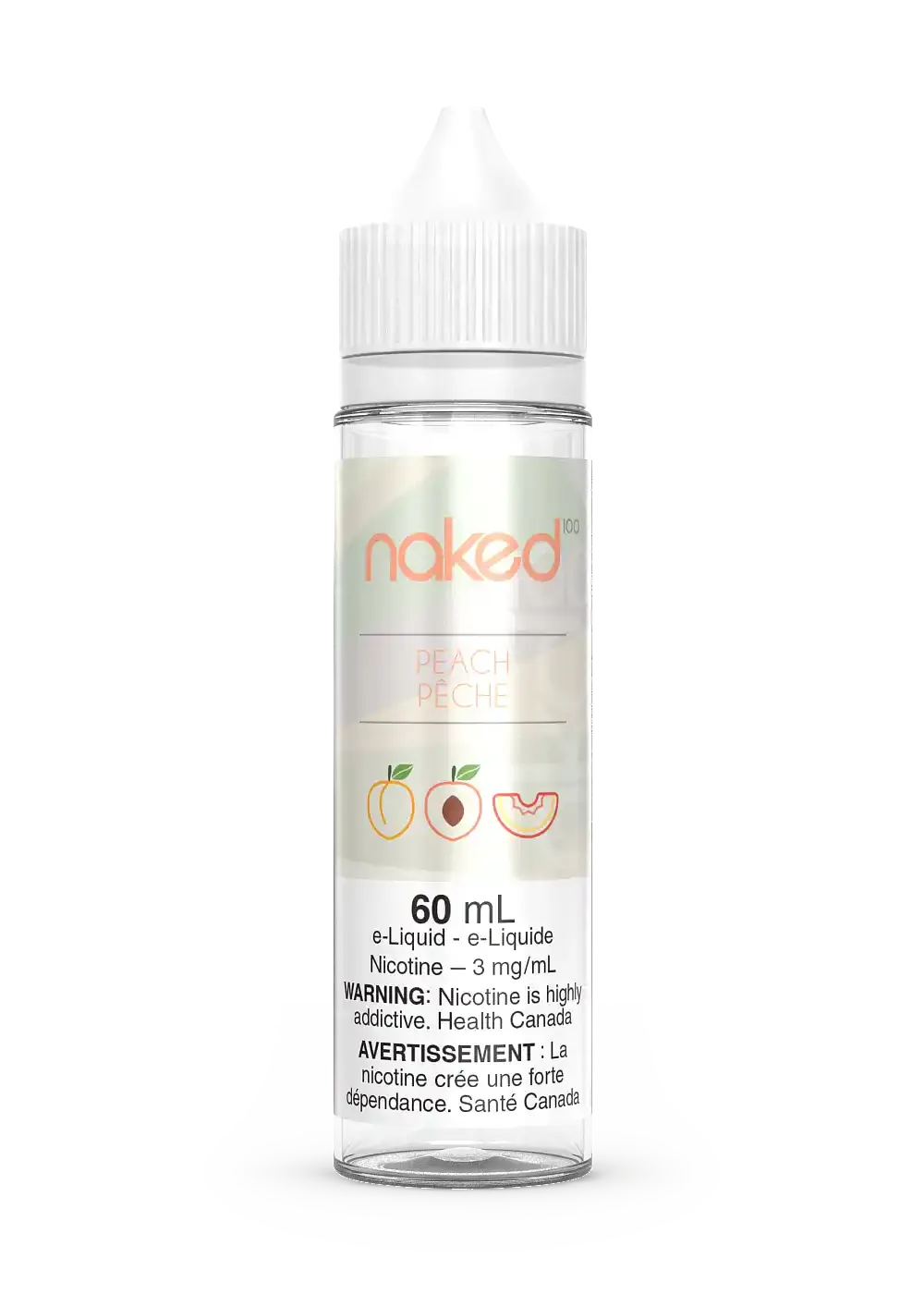 Naked 100 Peach 60mL e-liquid bottle with white cap and peach-themed label.
