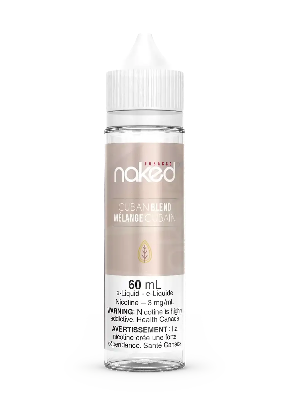 Naked 100 Cuban Blend 60mL e-liquid bottle with white cap and label featuring a tobacco leaf.