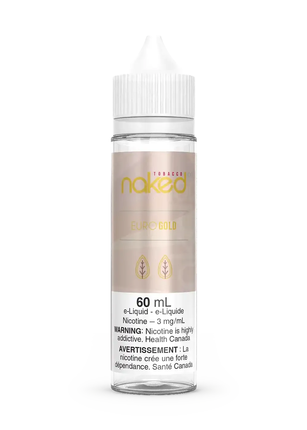 Naked 100 Euro Gold 60mL e-liquid bottle with a white cap and beige label featuring tobacco leaves.
