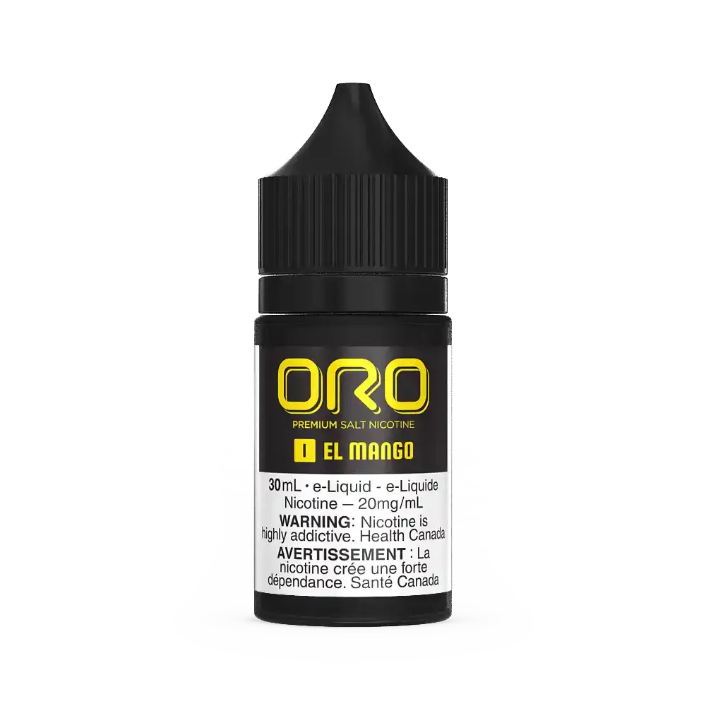 Black 30mL Oro Salt El Mango e-liquid bottle with yellow and white label, black CRC cap.
