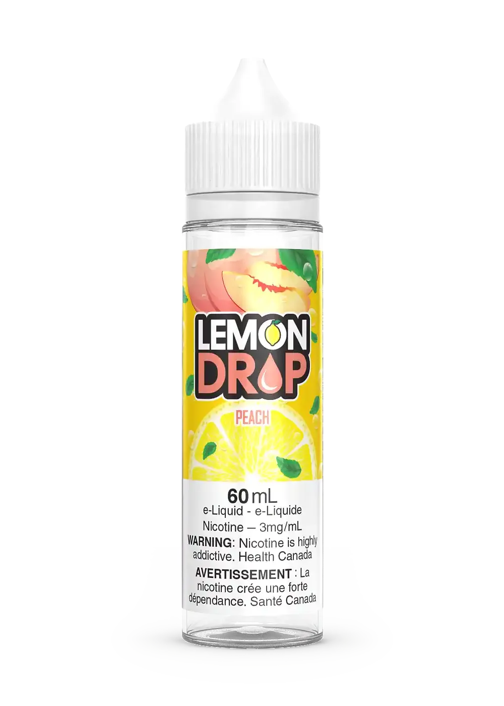 Lemon Drop Peach 60ml e-liquid bottle with a white cap, featuring a peach and lemon graphic label.