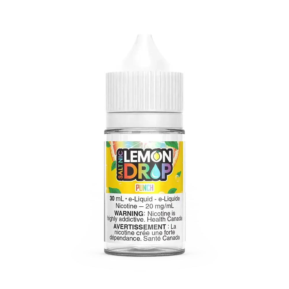 Lemon Drop Salt Punch 30mL e-liquid bottle with a white cap and colorful label.