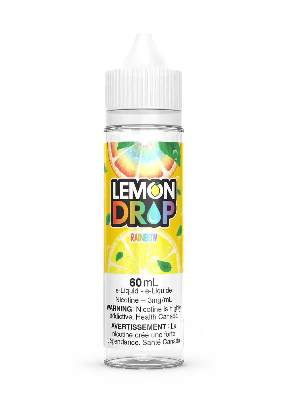 Lemon Drop Rainbow 60ml e-liquid bottle with colorful fruit label and white cap.