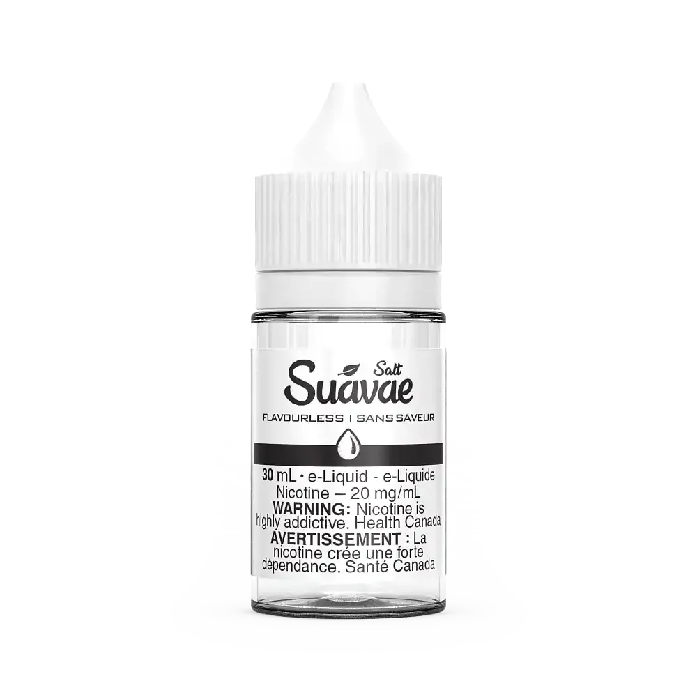 Clear 30mL Suavae Salt Flavourless e-liquid bottle with white cap and label showing "20 mg/mL Nicotine".