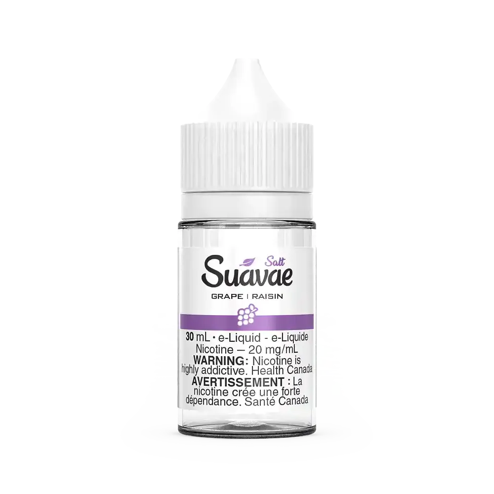 Suavae Salt Grape 30mL e-liquid bottle with white cap, clear body, and purple grape design.