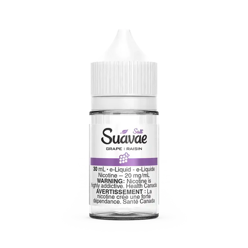 Suavae Salt Grape 30mL e-liquid bottle with white cap, clear body, and purple grape design.