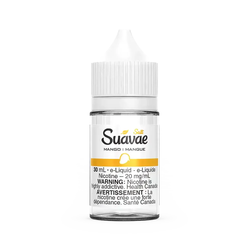 Suavae Salt Mango 30mL e-liquid bottle with white cap and clear body, featuring a mango graphic.