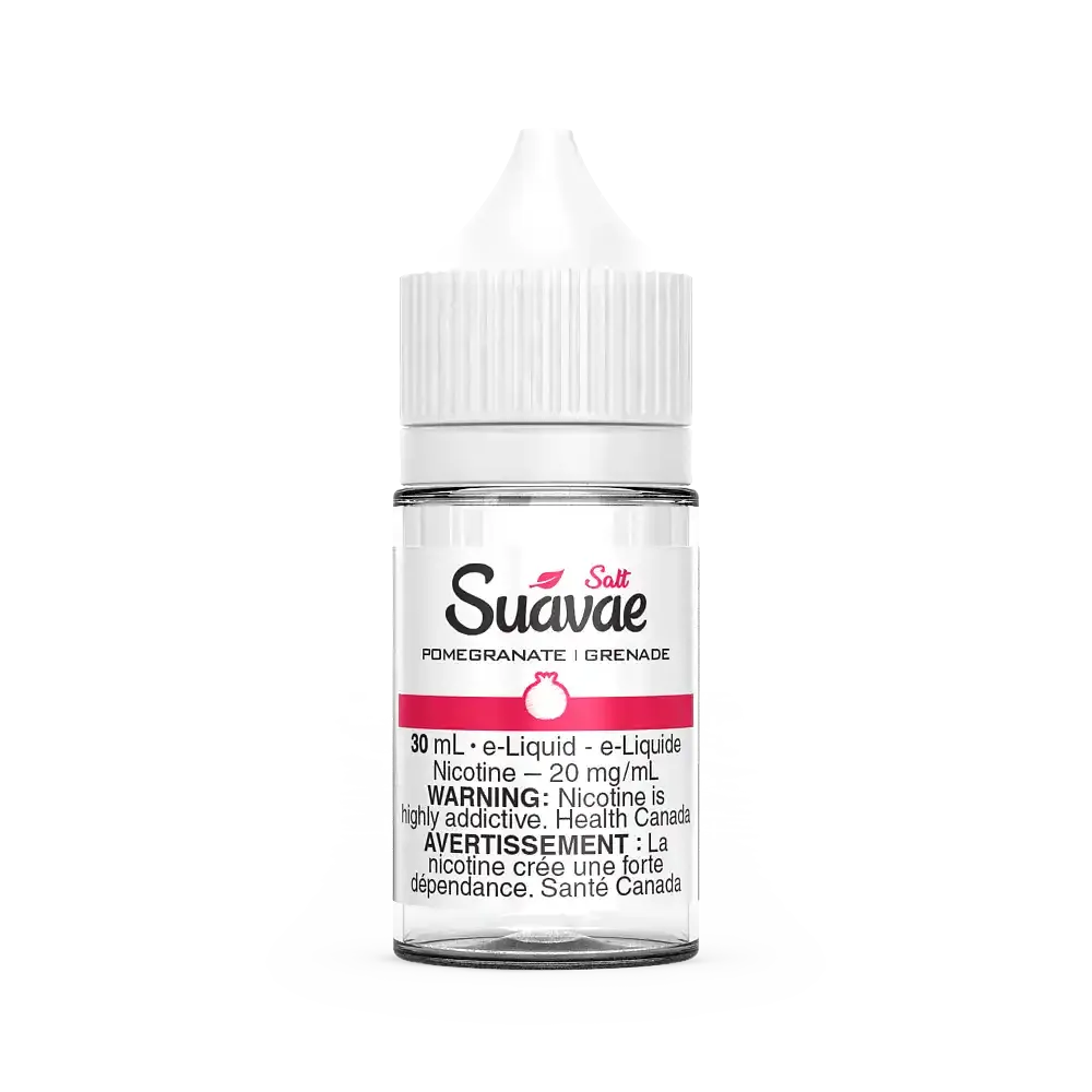 Suavae Salt Pomegranate 30mL e-liquid bottle with white cap and pink label.