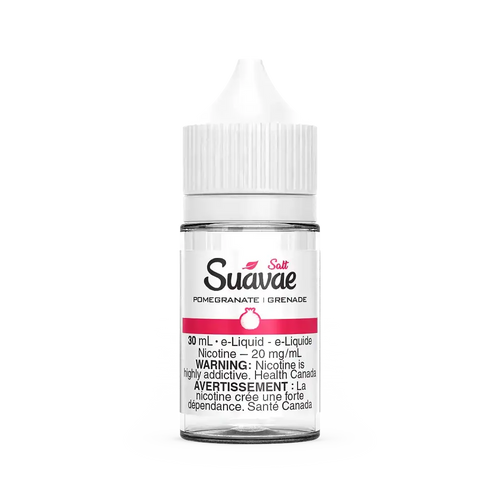 Suavae Salt Pomegranate 30mL e-liquid bottle with white cap and pink label.