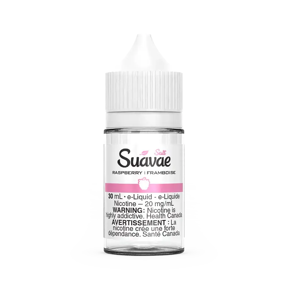 Suavae Salt Raspberry 30mL e-liquid bottle with white cap and pink raspberry graphic.