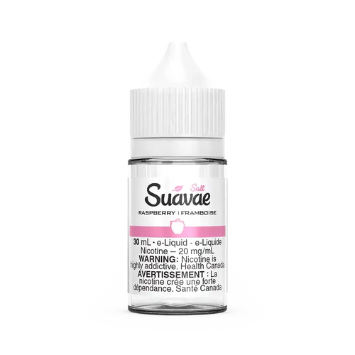 Suavae Salt Raspberry 30mL e-liquid bottle with white cap and pink raspberry graphic.