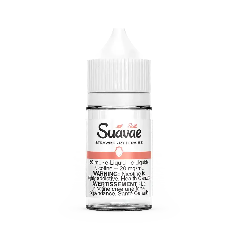 Suavae Salt Strawberry 30mL e-liquid bottle with white cap and clear body, showing strawberry graphic and text.
