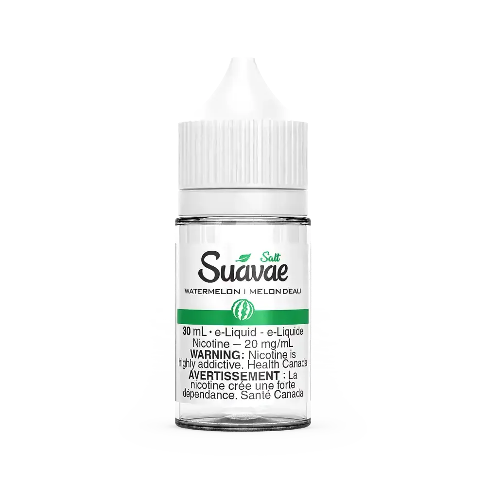 Clear 30mL Suavae Salt e-liquid bottle with white cap and "Watermelon" label, green accents.