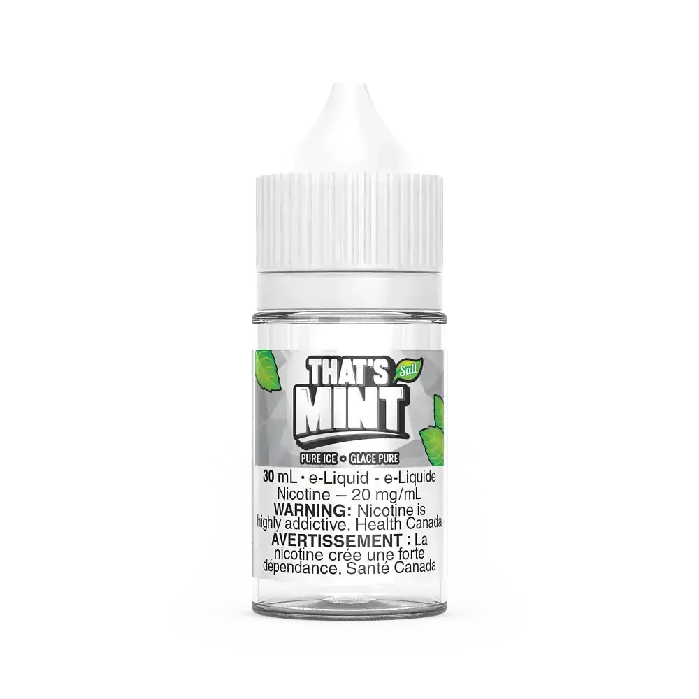 Pure Ice by Thats Mint Salt 30mL e-liquid bottle with white cap and label featuring green mint leaves.