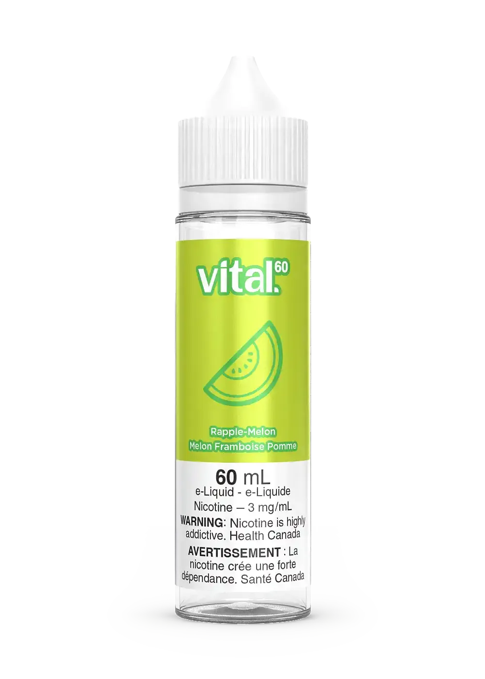 Vital 60 Rapple Melon e-liquid, 60ml clear bottle with a white cap and green label.