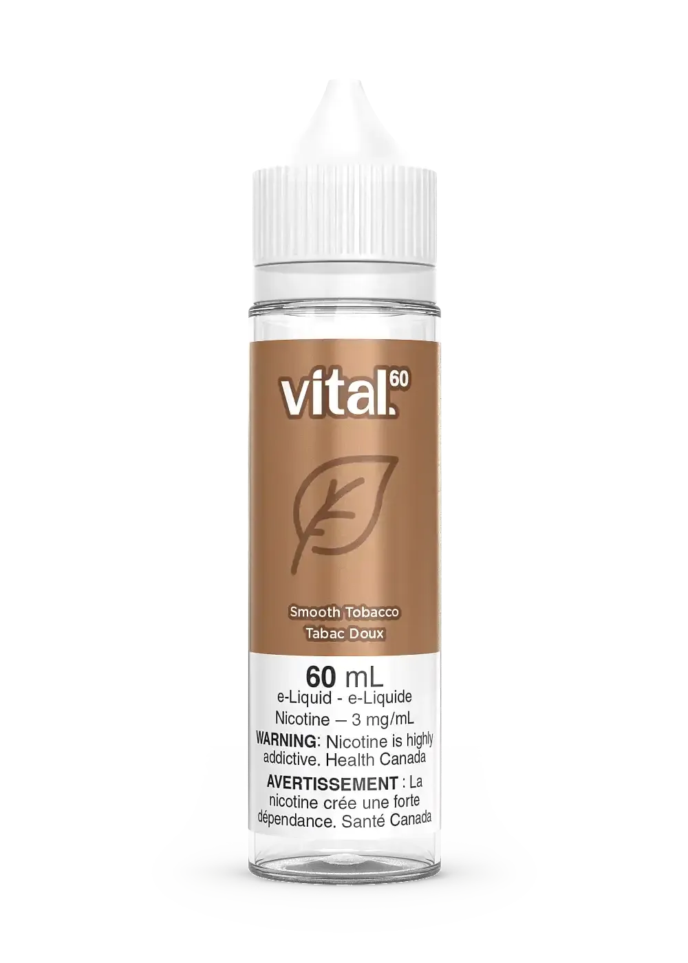 Vital Smooth Tobacco 60mL e-liquid bottle with a white cap, brown label, and leaf design.