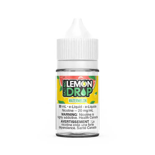 Lemon Drop Salt Watermelon e-liquid in a clear 30mL bottle with white CRC cap and yellow label.