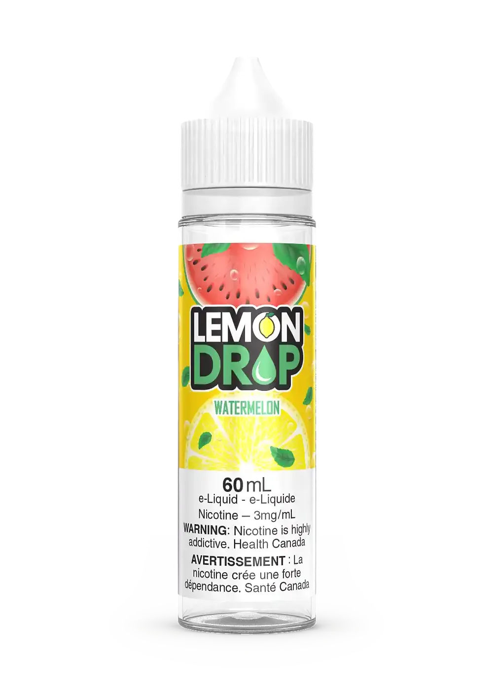 Lemon Drop Watermelon 60ml e-liquid bottle with a white cap, featuring a watermelon slice and lemon graphic.