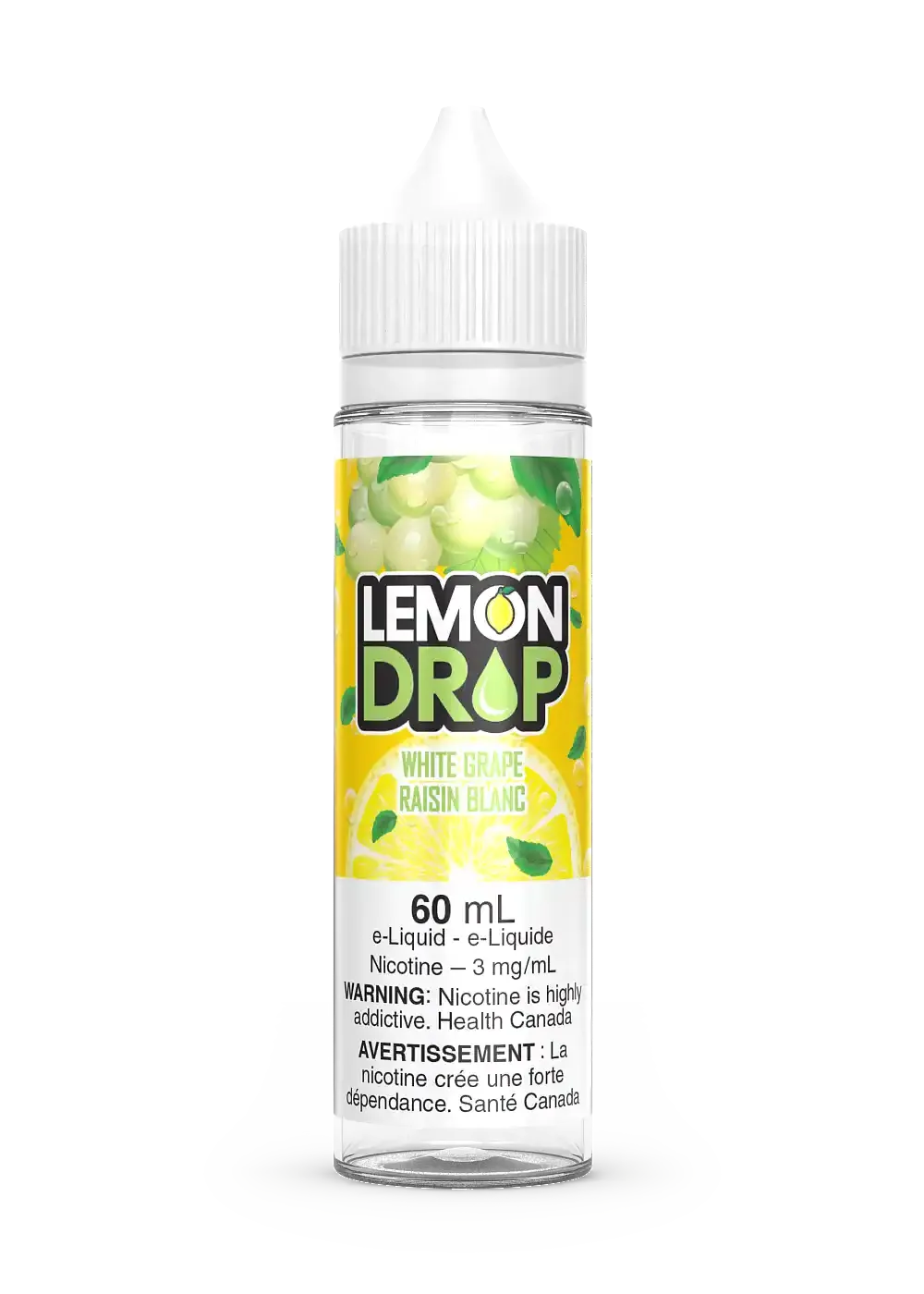 Lemon Drop White Grape 60mL e-liquid bottle with green and yellow label, white cap.