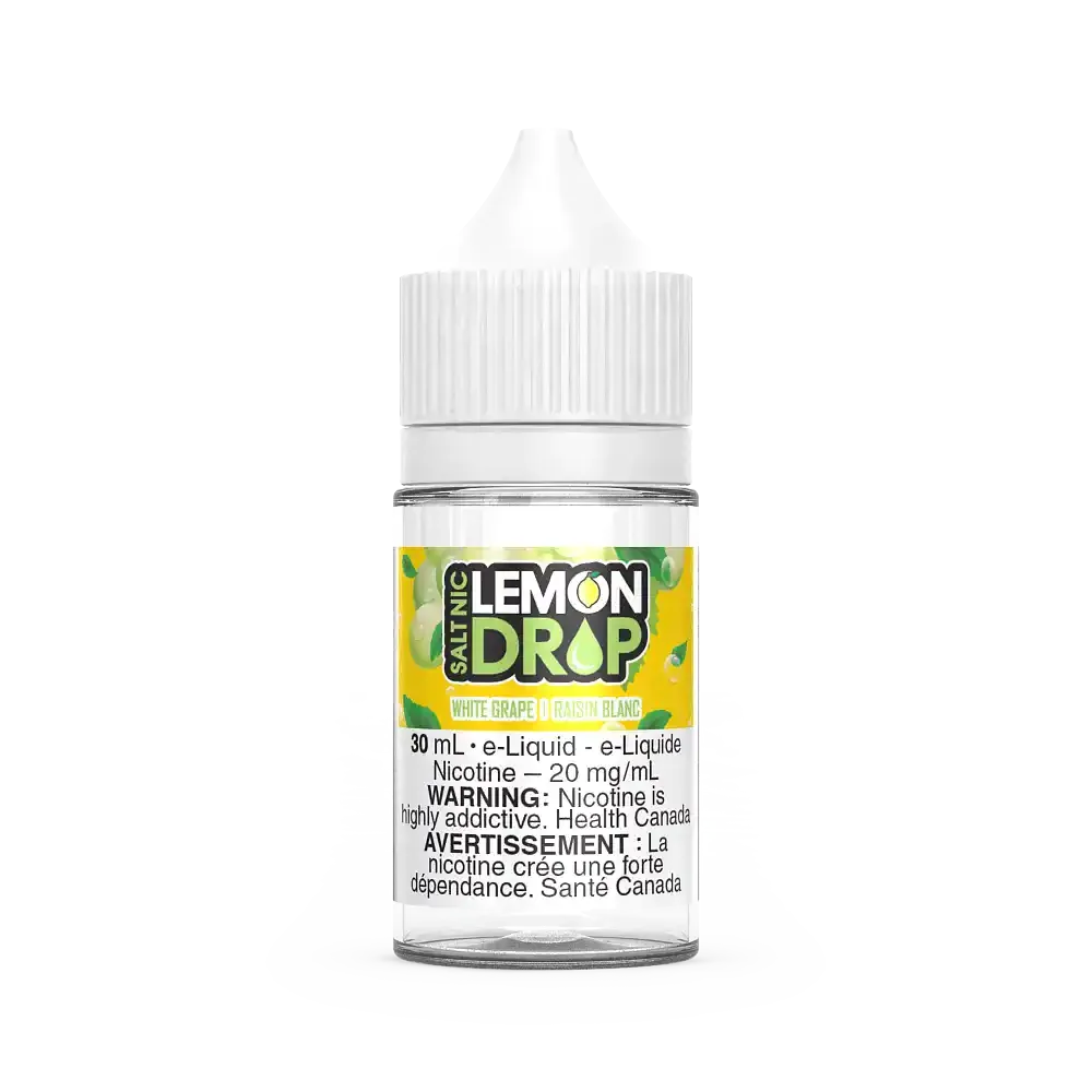 Lemon Drop Salt White Grape 30mL e-liquid bottle with white cap and yellow label.
