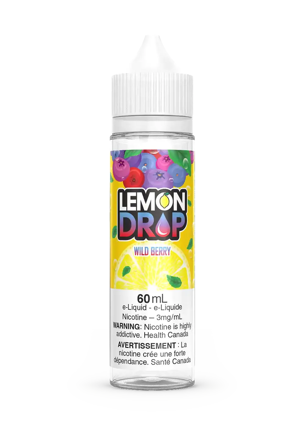 60ml Lemon Drop Wild Berry e-liquid bottle with colorful fruit label and white cap.