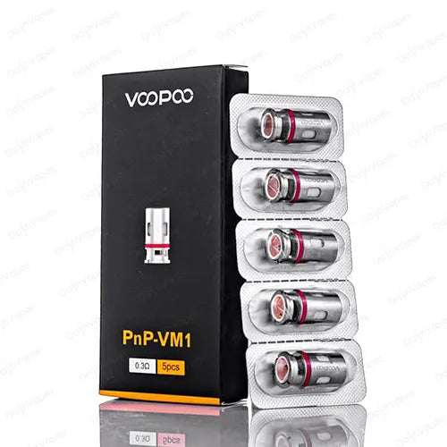 Voopoo PnP-VM1 replacement coils, 0.3Ω, 5-pack, in silver with red accents, displayed next to their black packaging.