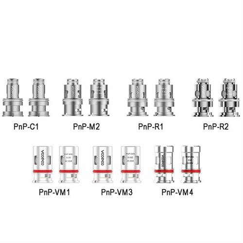 Voopoo PnP replacement coils in various silver metal designs with red accents on some models.