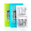 Two Vaporesso Degree Replacement Pods in clear blister packs, next to green and blue boxes.