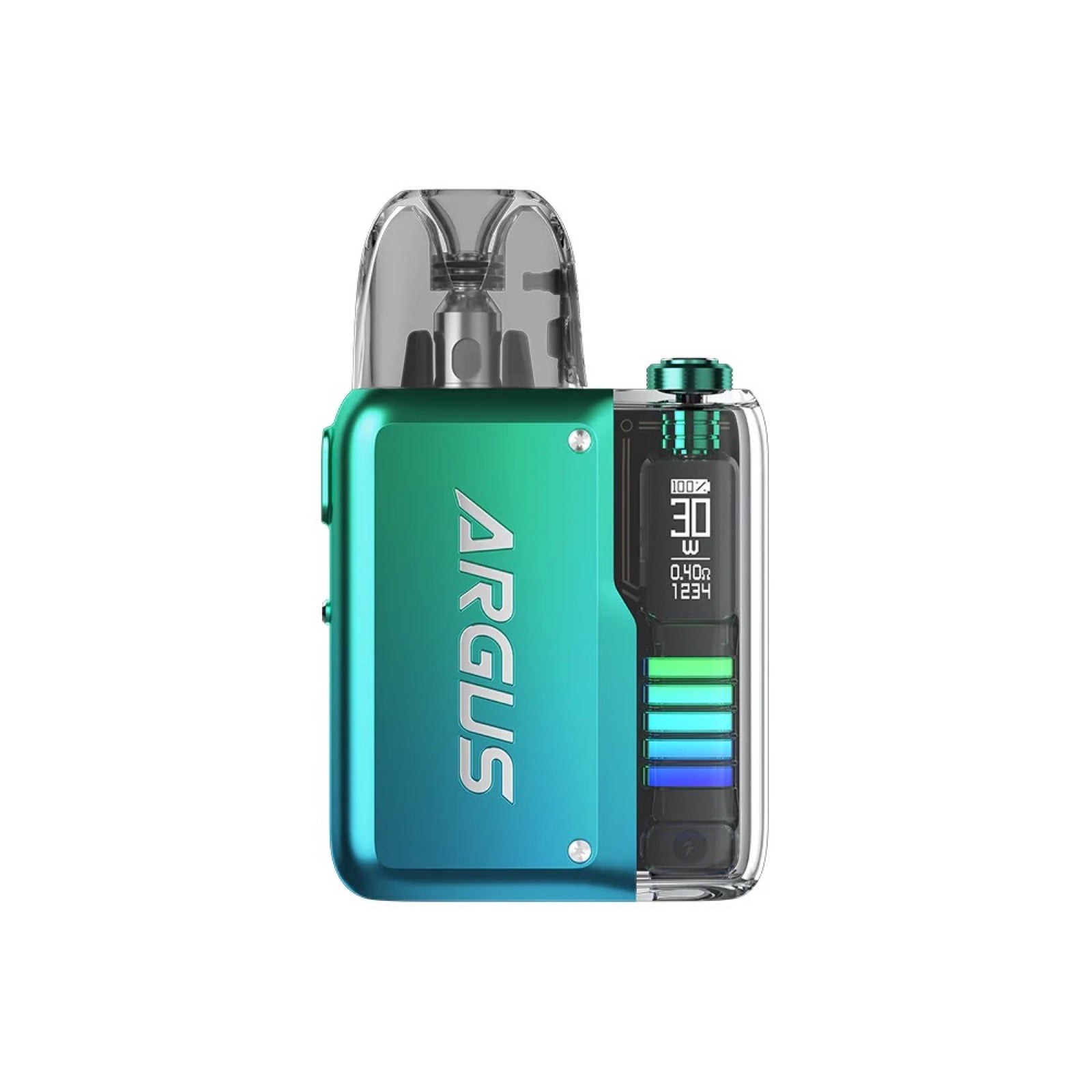 Voopoo Argus P2 Pod Kit in gradient green-blue with a clear pod and digital screen.