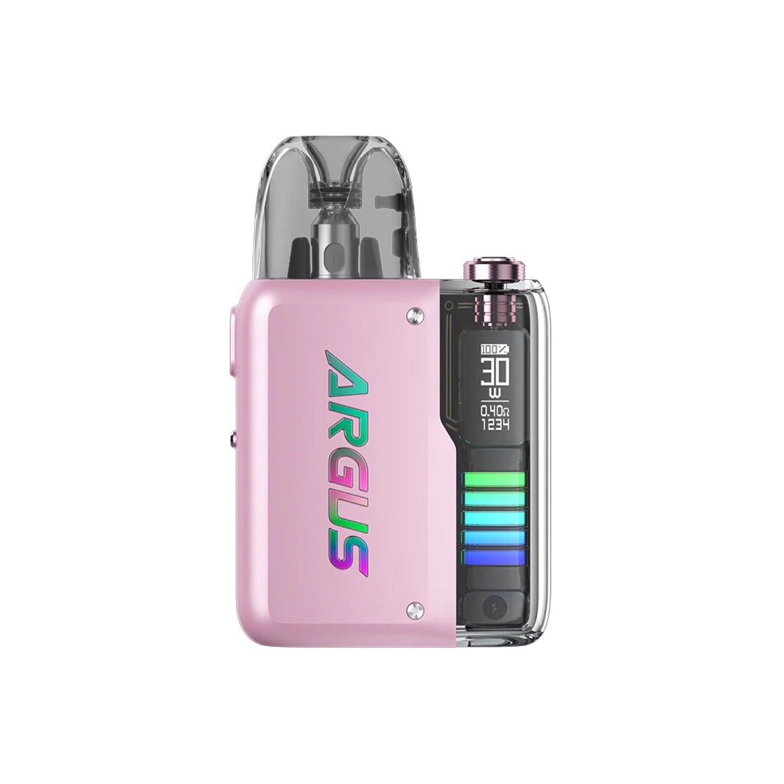 Voopoo Argus P2 Pod Kit in pink with a clear pod, visible screen, and colorful LED lights.