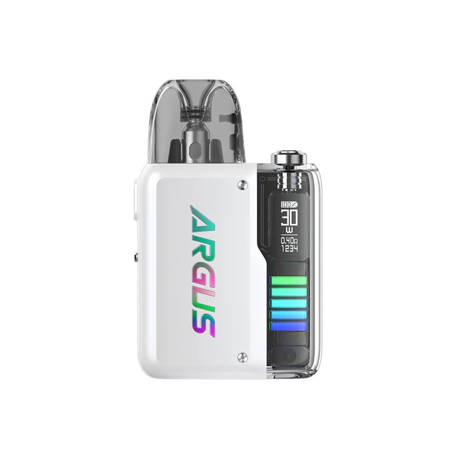 White Voopoo Argus P2 Pod Kit with clear pod, colorful "ARGUS" logo, and digital display.