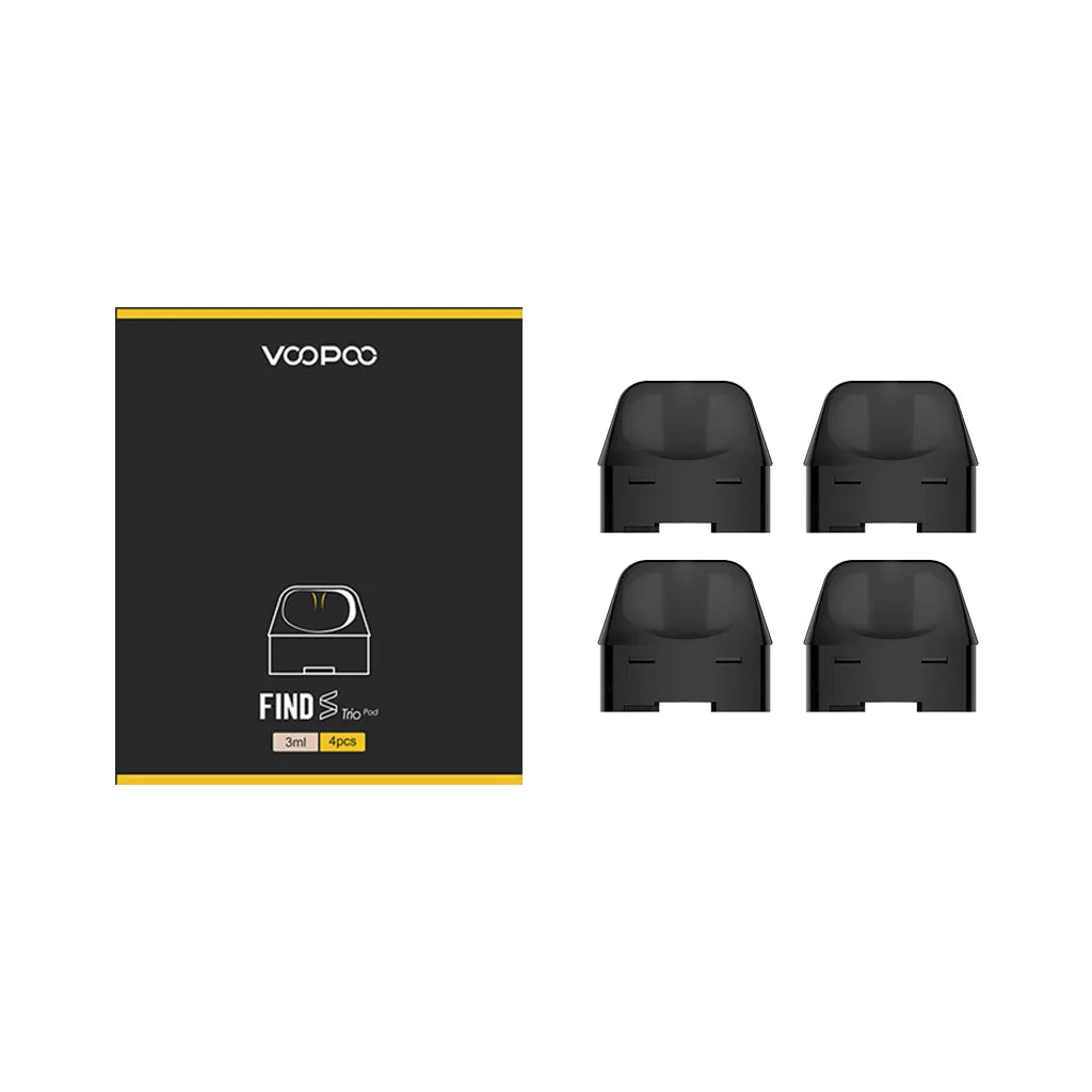 Voopoo Find S Trio replacement pod pack with four dark, translucent pods and black packaging.