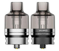 Two Voopoo PnP Pod Tanks, one silver and one dark grey, with transparent dark grey pods and included coils.