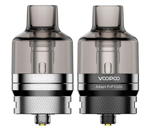 Two Voopoo PnP Pod Tanks, one silver and one dark grey, with transparent dark grey pods and included coils.