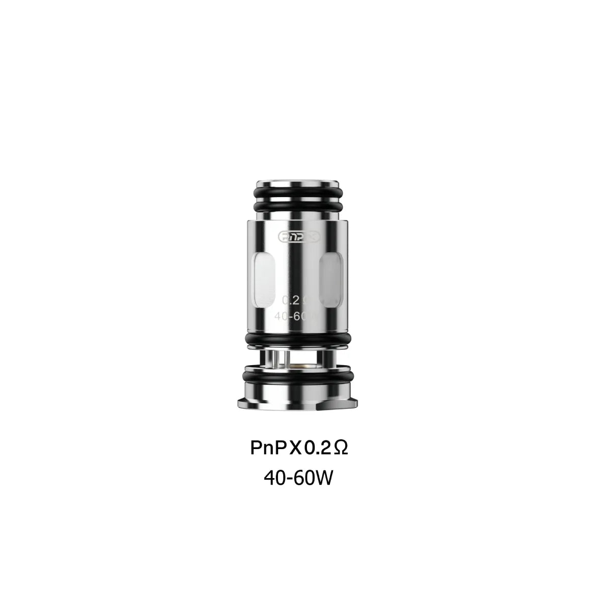 Voopoo PnP X Mesh 0.2Ω replacement coil, silver and black, 40-60W, with clear e-liquid windows.
