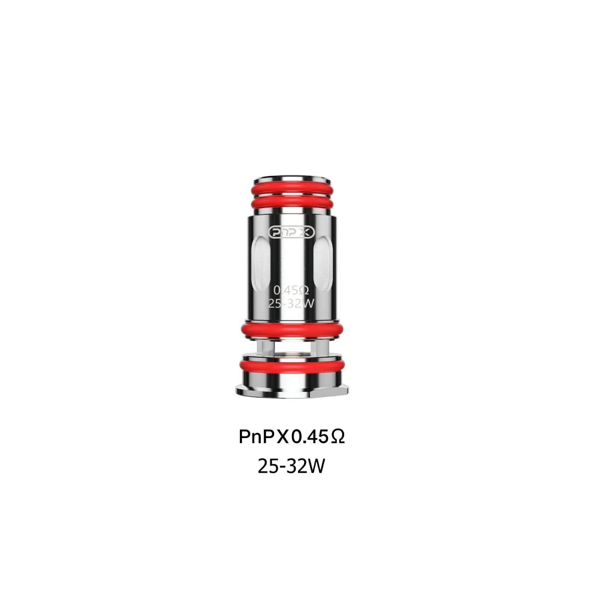 Voopoo PnP X Mesh 0.45Ω replacement coil with red silicone rings, 25-32W.