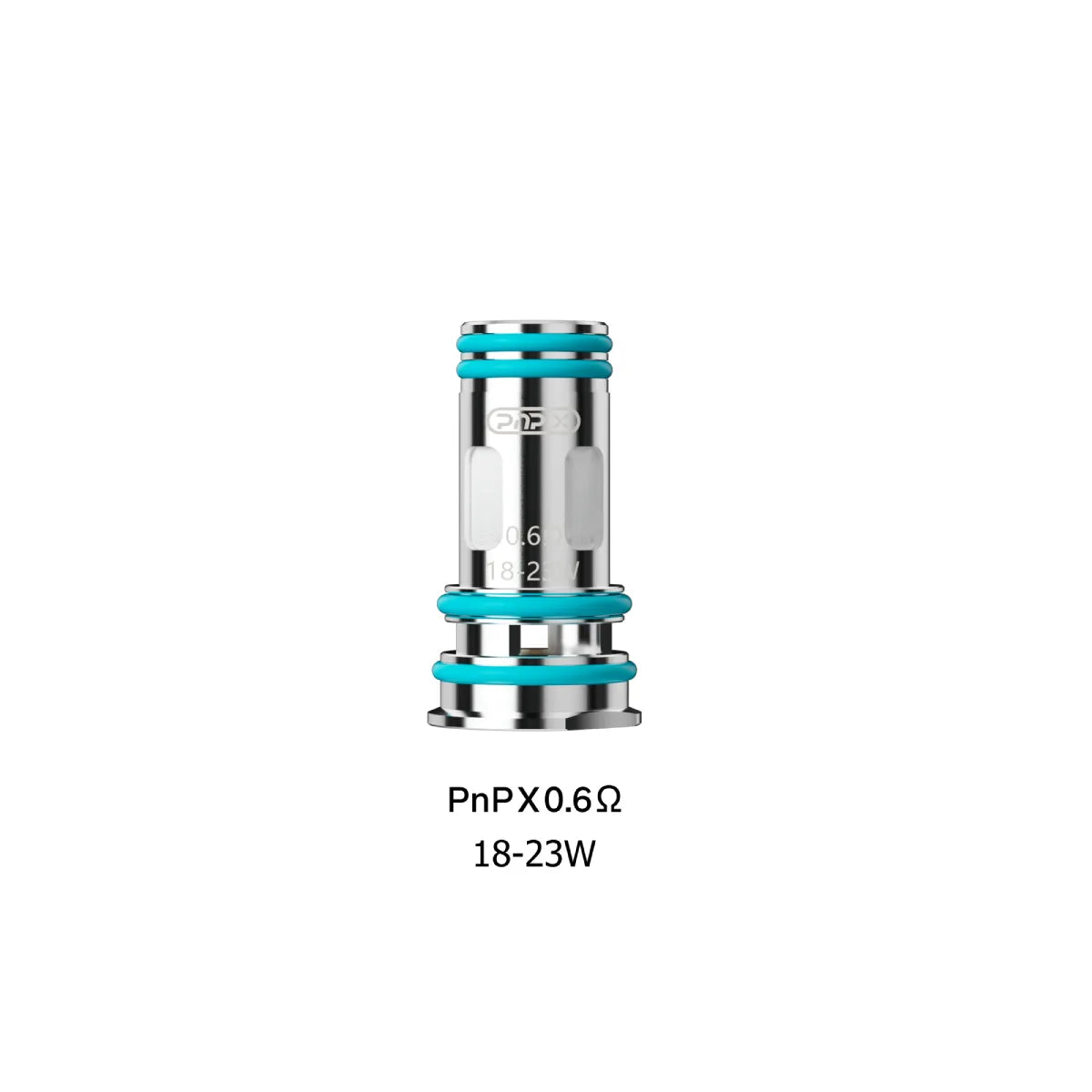 Silver Voopoo PnP X Mesh 0.6Ω replacement coil with teal O-rings, 18-23W.