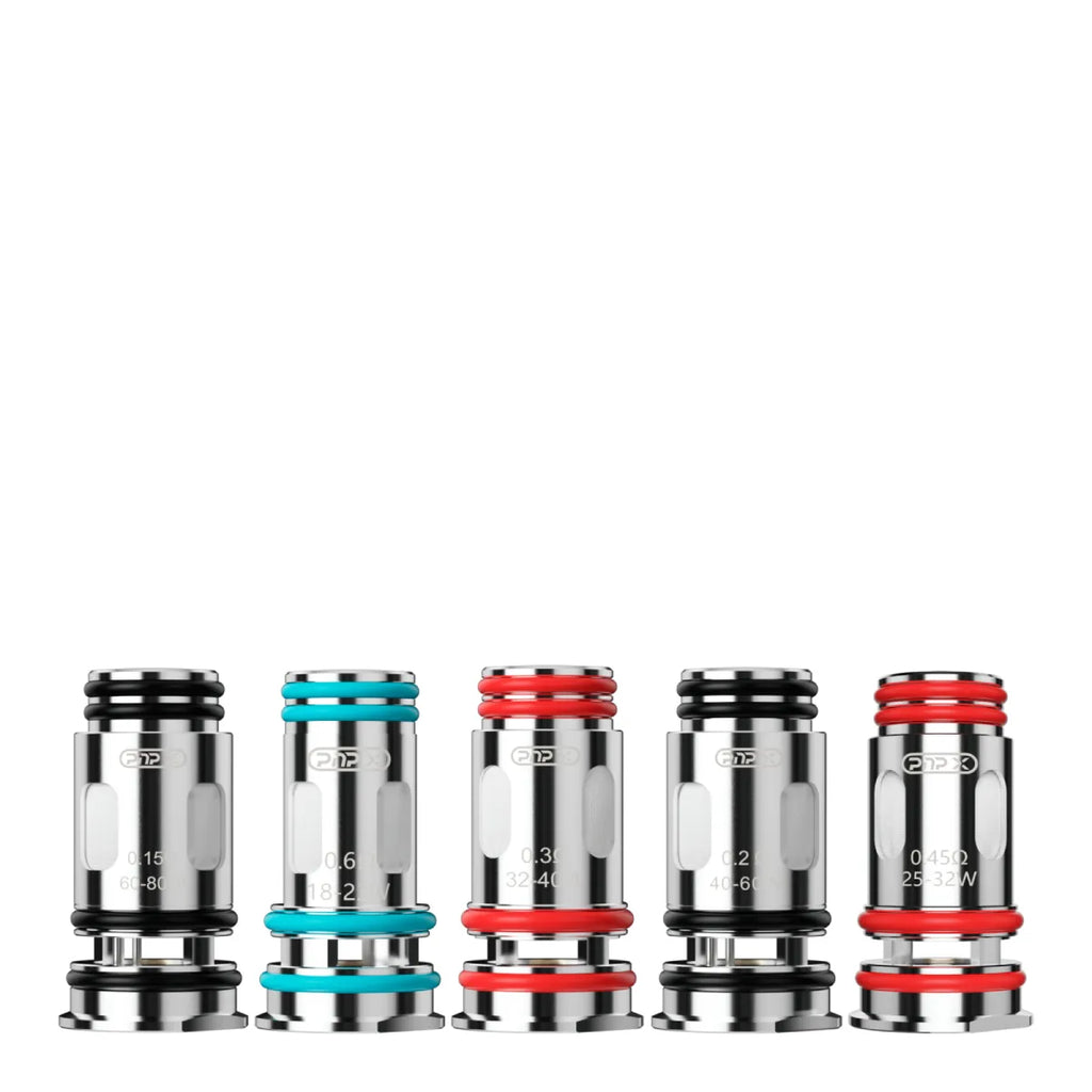 Five Voopoo PnP X Mesh Replacement Coils with various colored O-rings: black, teal, and red.