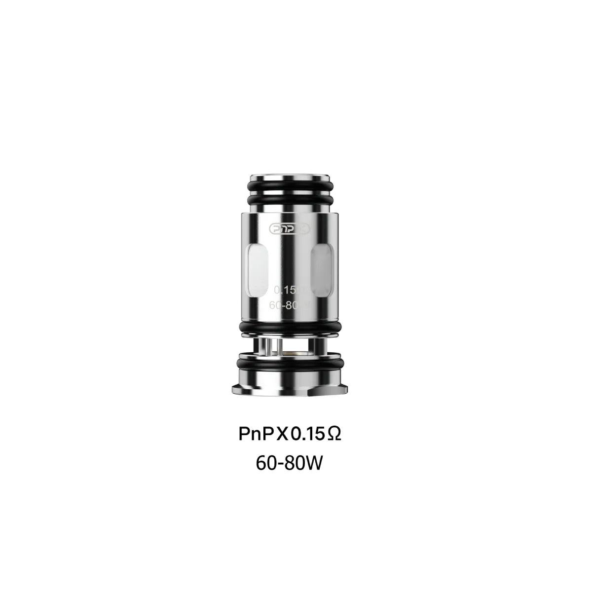 Silver Voopoo PnP X Mesh 0.15Ω replacement coil for vaping, 60-80W, with clear viewing window.
