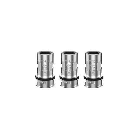 Three silver Voopoo TPP Mesh replacement coils with black O-rings and wattage details.