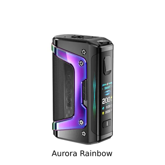 Geekvape Aegis Legend 5 200W Mod in Aurora Rainbow, featuring a black body with iridescent purple and blue accents, a textured grip, and a bright digital display.