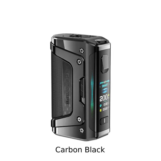 Geekvape Aegis Legend 5 200W Mod in sleek carbon black with a vibrant display.