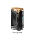 Geekvape Aegis Legend 5 200W Mod in Racing Gold with black carbon fiber grip and bright digital display.