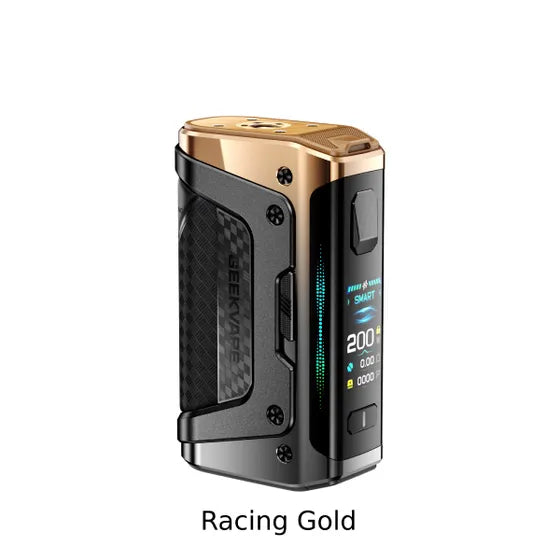 Geekvape Aegis Legend 5 200W Mod in Racing Gold with black carbon fiber grip and bright digital display.
