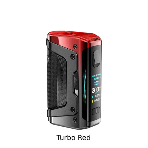 Geekvape Aegis Legend 5 200W Mod in Turbo Red, featuring a black textured grip and bright digital display.
