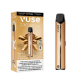 Vuse Pro Smart Solo Device in metallic rose gold with black mouthpiece, shown next to its gold and white packaging.