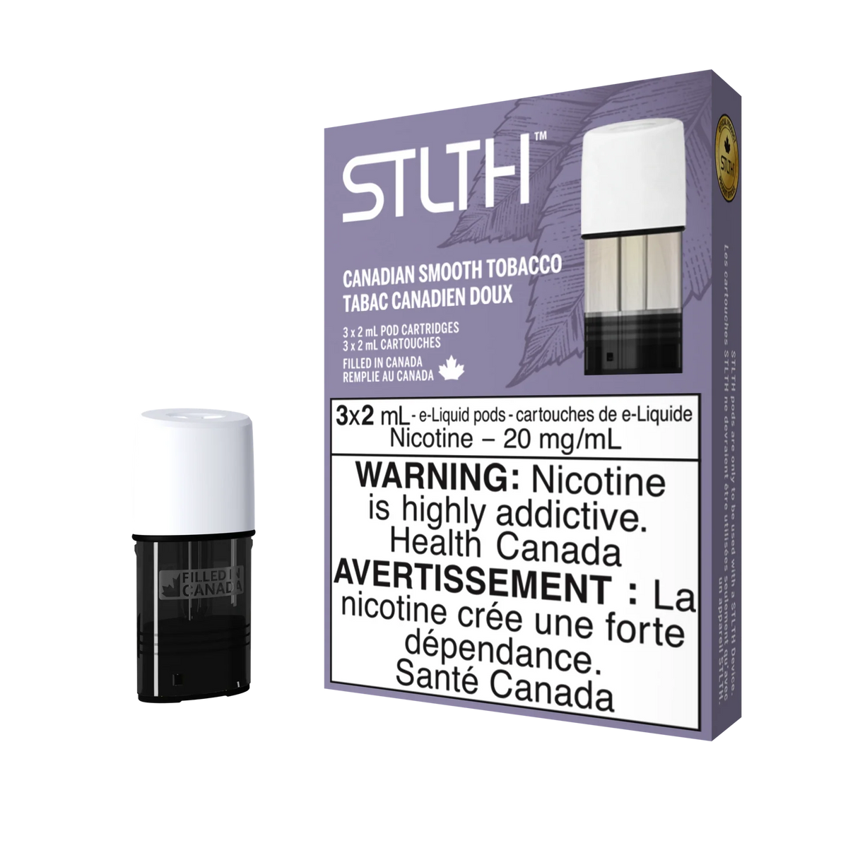 STLTH Canadian Smooth Tobacco pod pack with three 2mL pods, one in box, one freestanding.