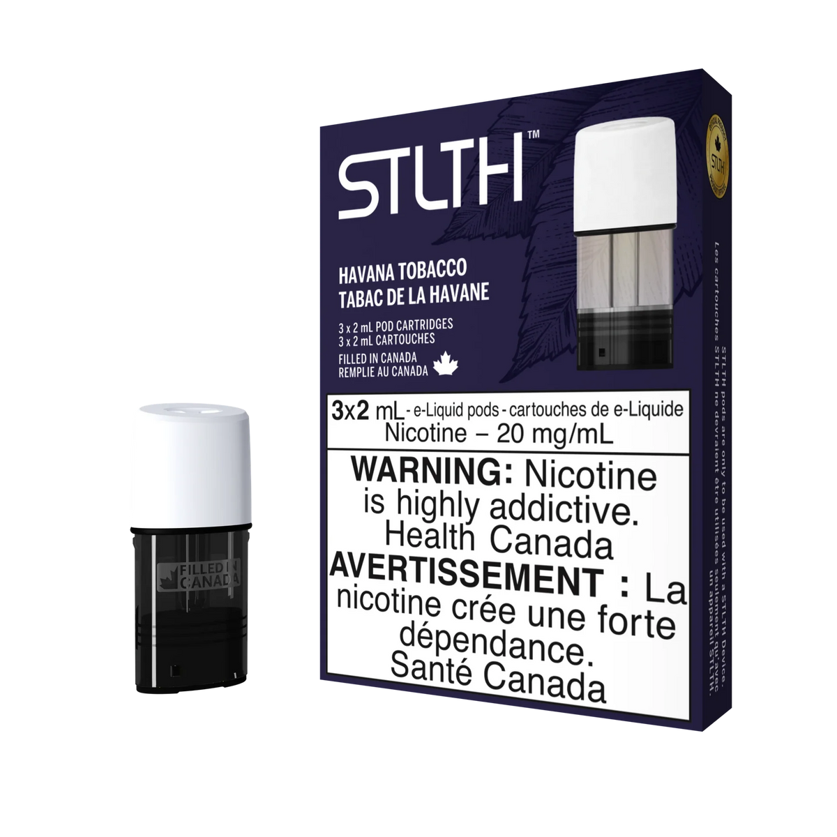 STLTH Havana Tobacco pod pack with three 2mL pods, one in box, one freestanding.