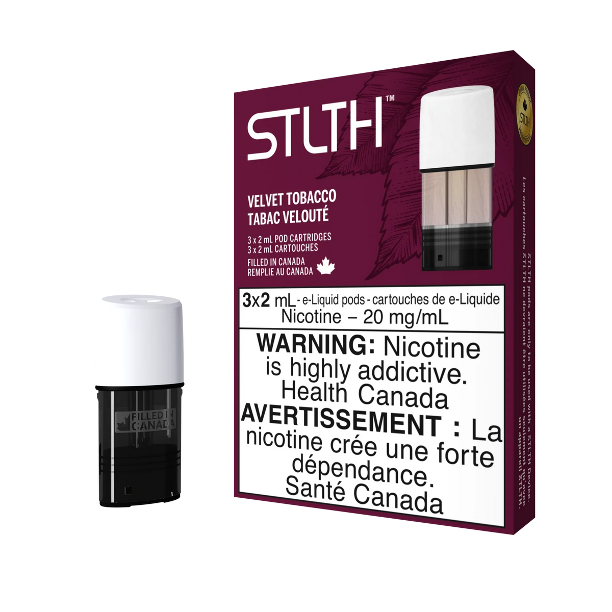 STLTH Velvet Tobacco pod pack with three 2mL pods, one in box, one freestanding.